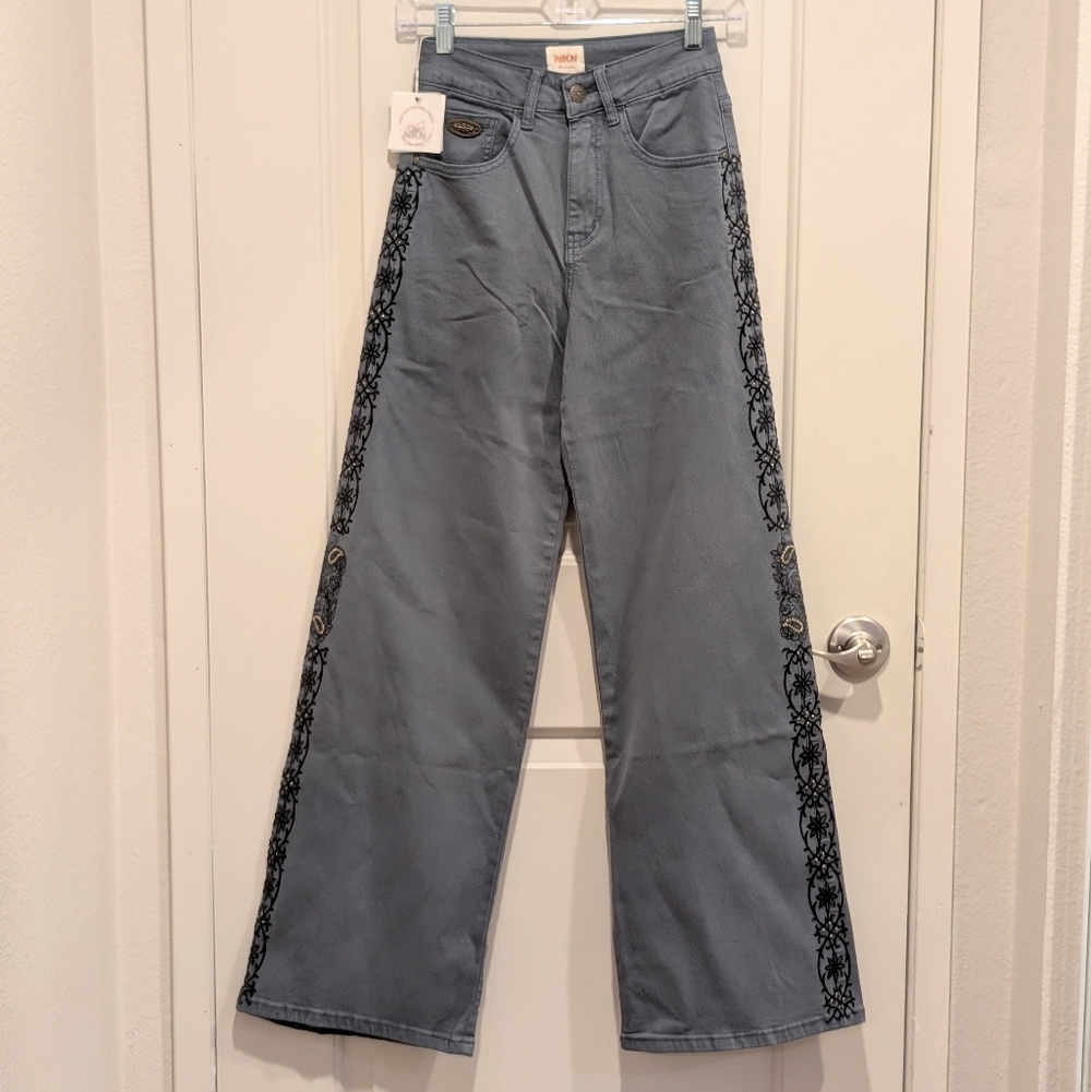 NKN Nekane Blue Embroidered Straight-Leg Blue Denim Jeans Size 34 (XS)